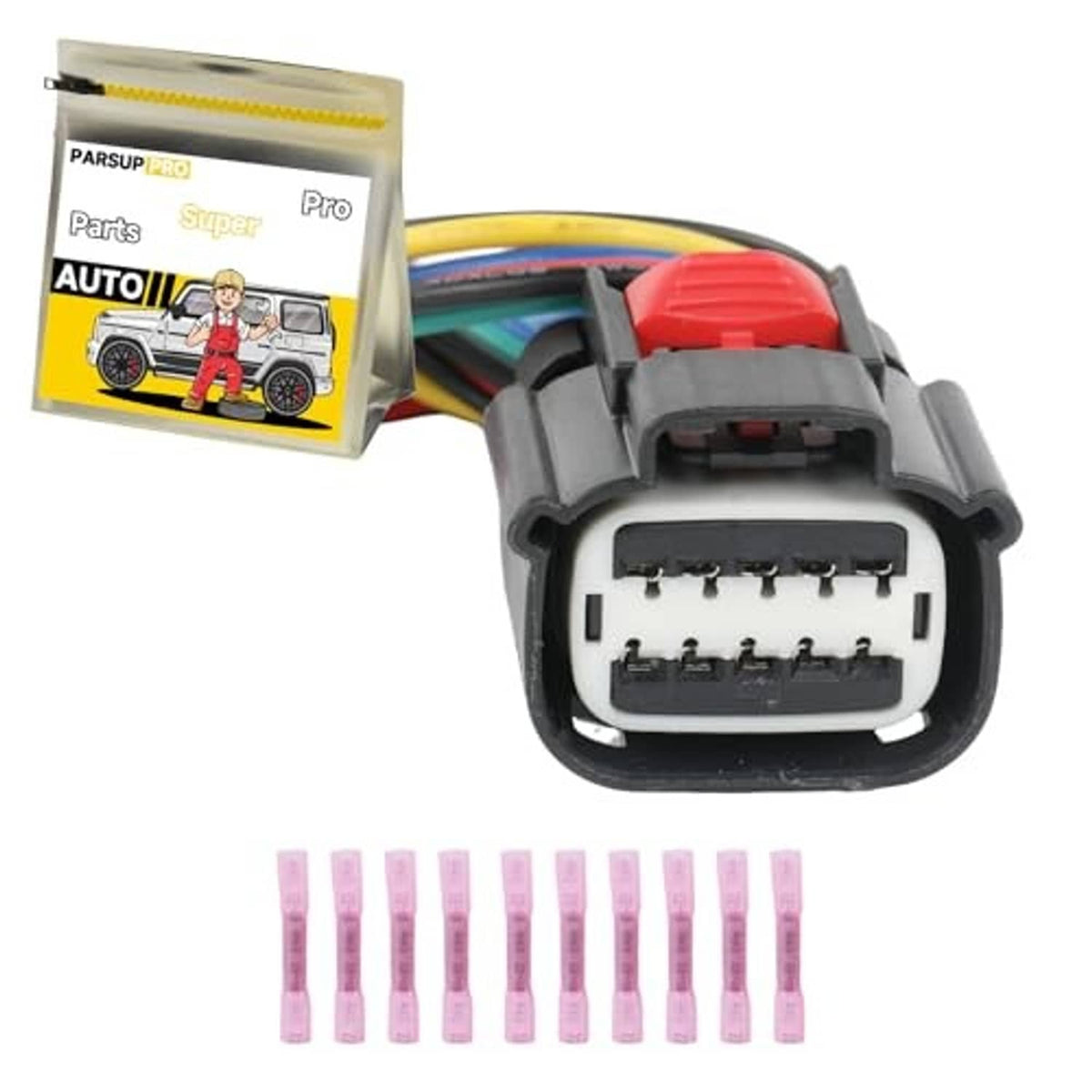 10-way sensor connector wiring harness with multi-pin plug, leads and pink terminals