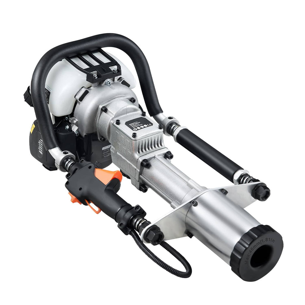 Gas-powered piling pounder angled view with black frame and silver exhaust muffler