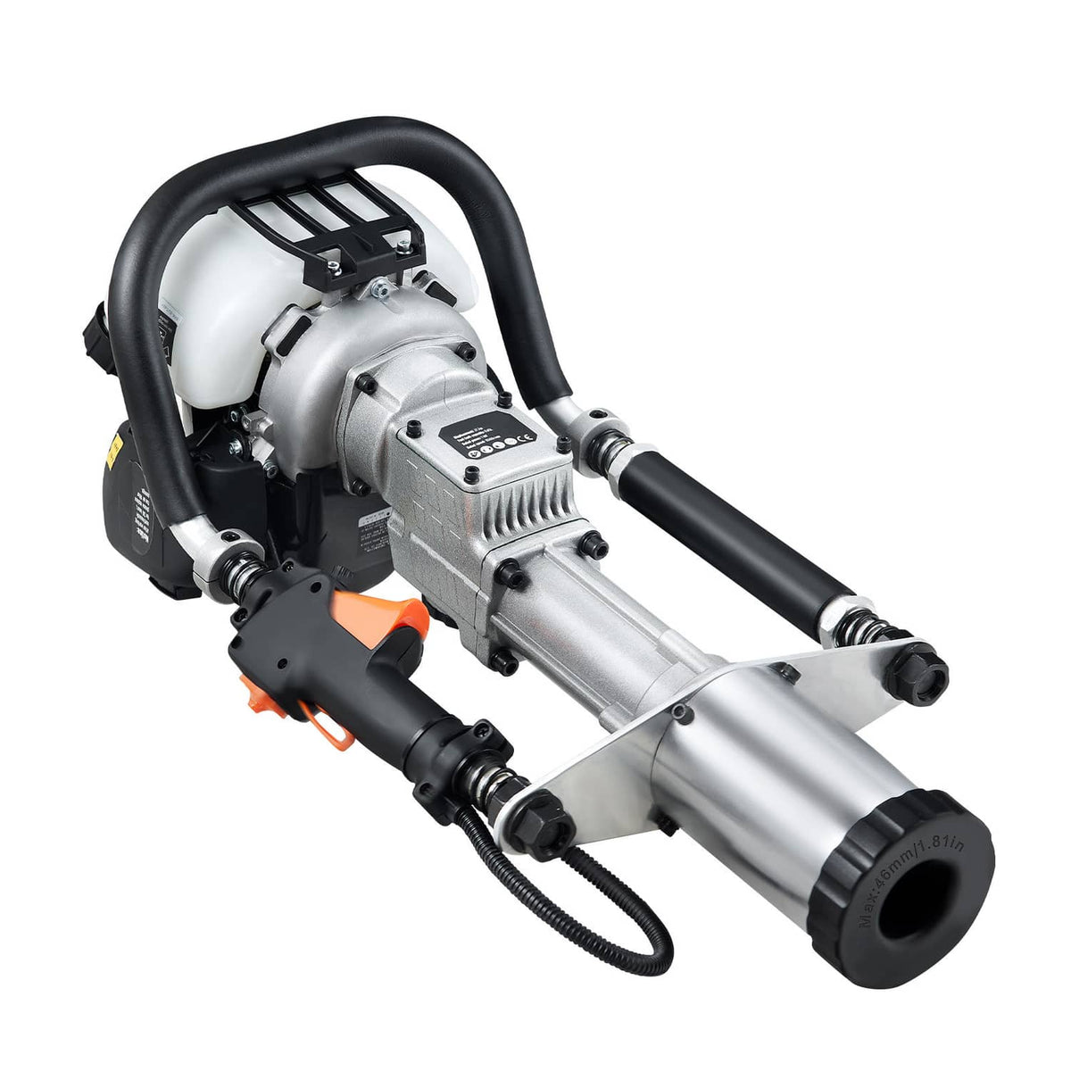 Gas-powered piling pounder angled view with black frame and silver exhaust muffler