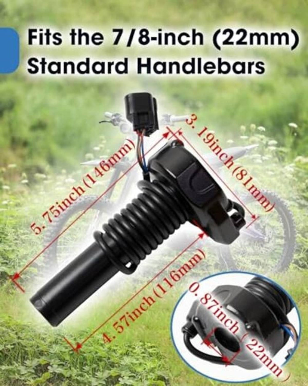 Throttle grip with coiled spring, cable, and black handlebar clamp mount