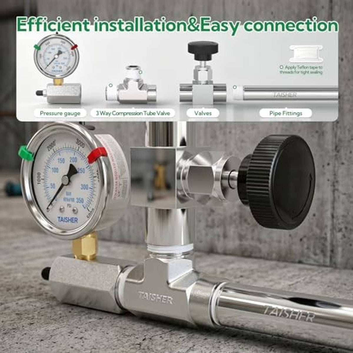 Stainless steel pipe fitting set with pressure gauge and valve connection components