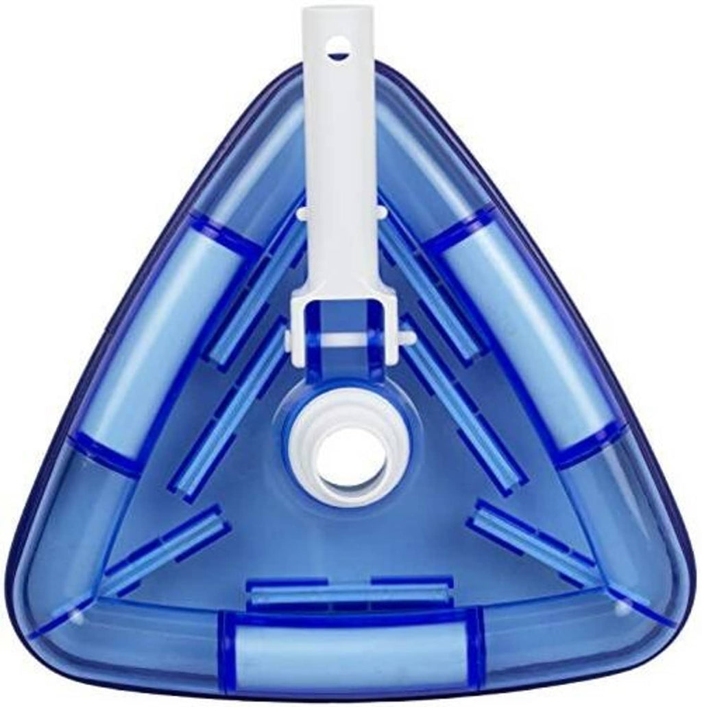 Triangular pool vacuum head top view with clear blue vinyl liner and central port