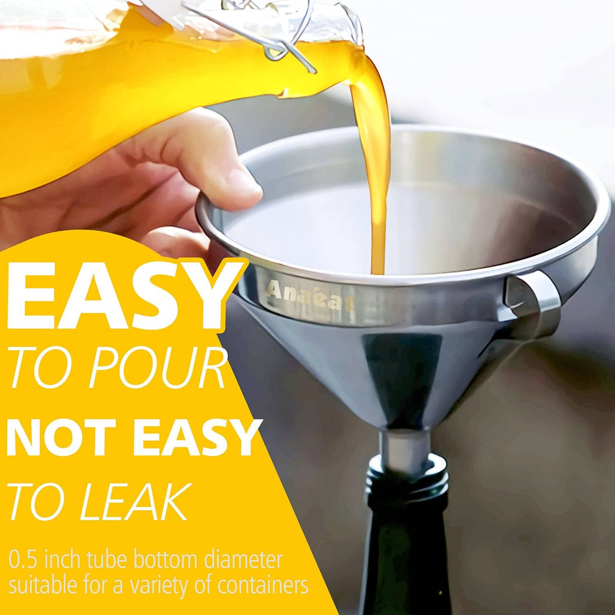 Stainless steel funnel with side handle, pouring liquids into a container