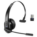 Black single-ear Bluetooth headset with boom microphone and USB dongle