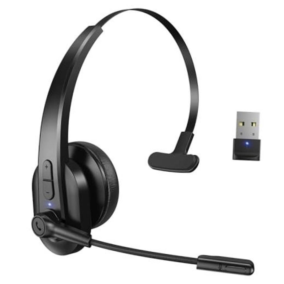 Black single-ear Bluetooth headset with boom microphone and USB dongle