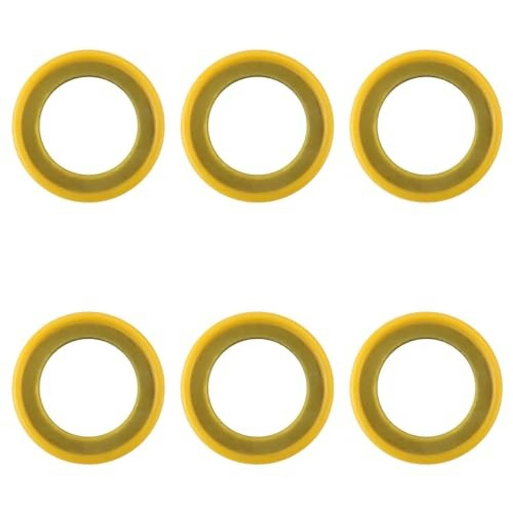 Six yellow round seal washers/gaskets with centered inner holes on white background