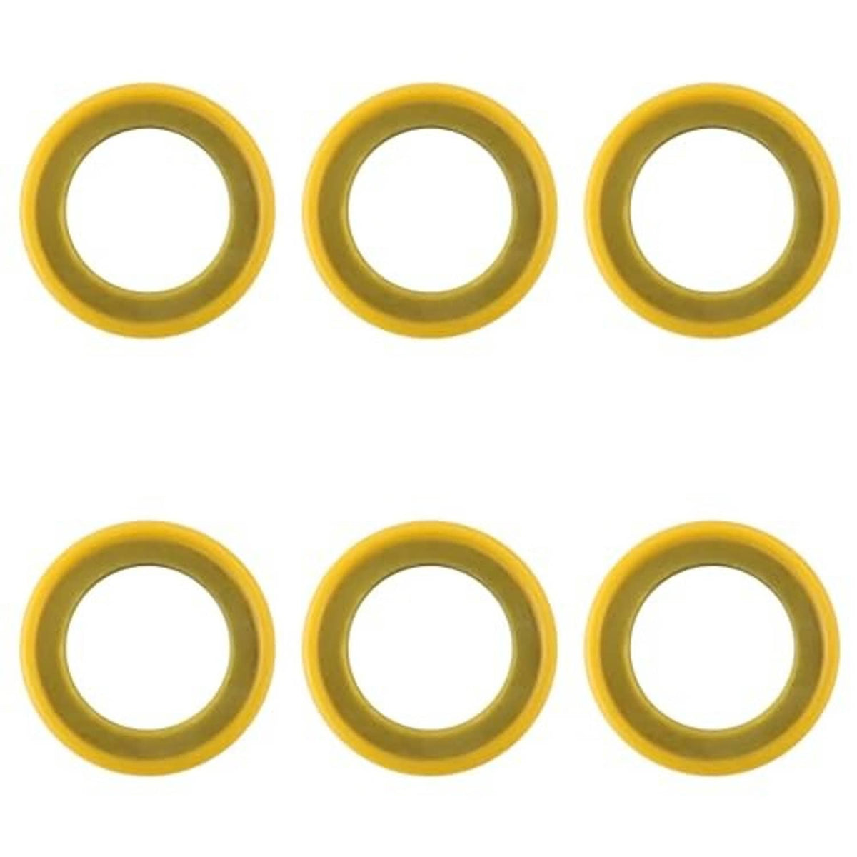 Six yellow round seal washers/gaskets with centered inner holes on white background