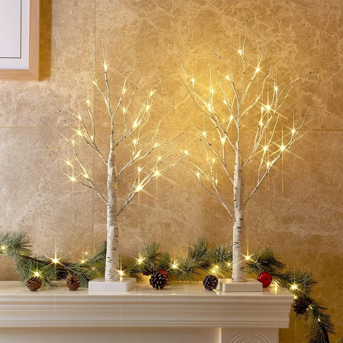 White birch tree holiday decoration set with warm LED lights on square bases, 2 pack