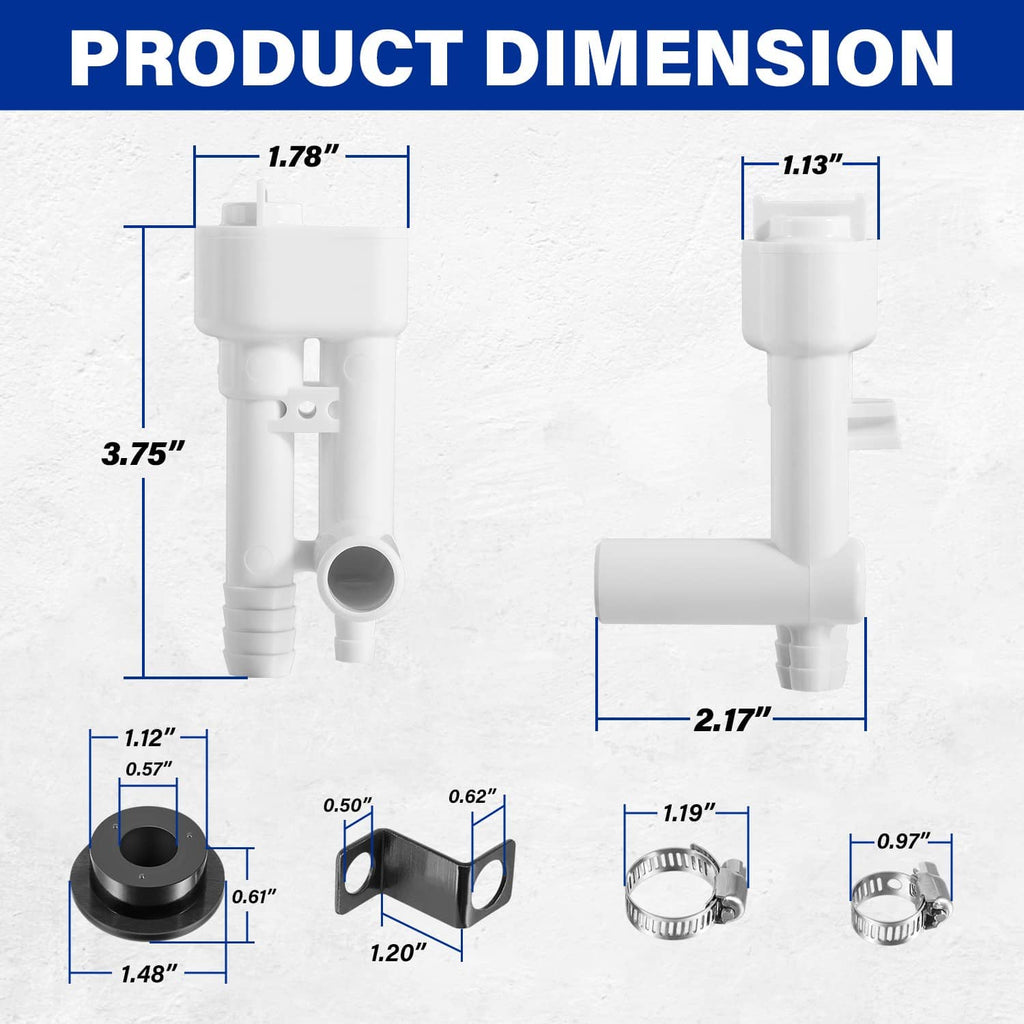 Vacuum breaker replacement kit with diverter valve—white parts and black disc with dimensions