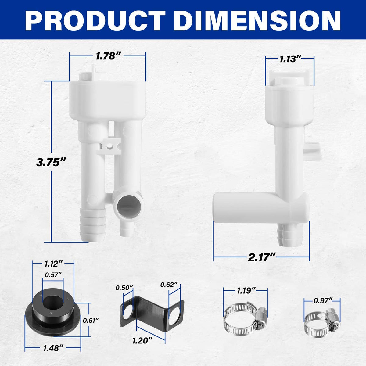 Vacuum breaker replacement kit with diverter valve—white parts and black disc with dimensions