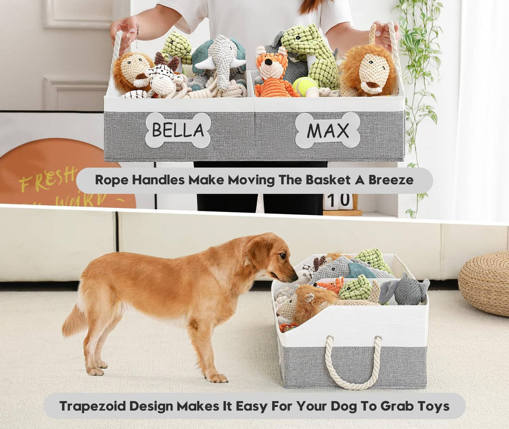 Grey collapsible fabric dog toy basket with rope handles, full of stuffed toys