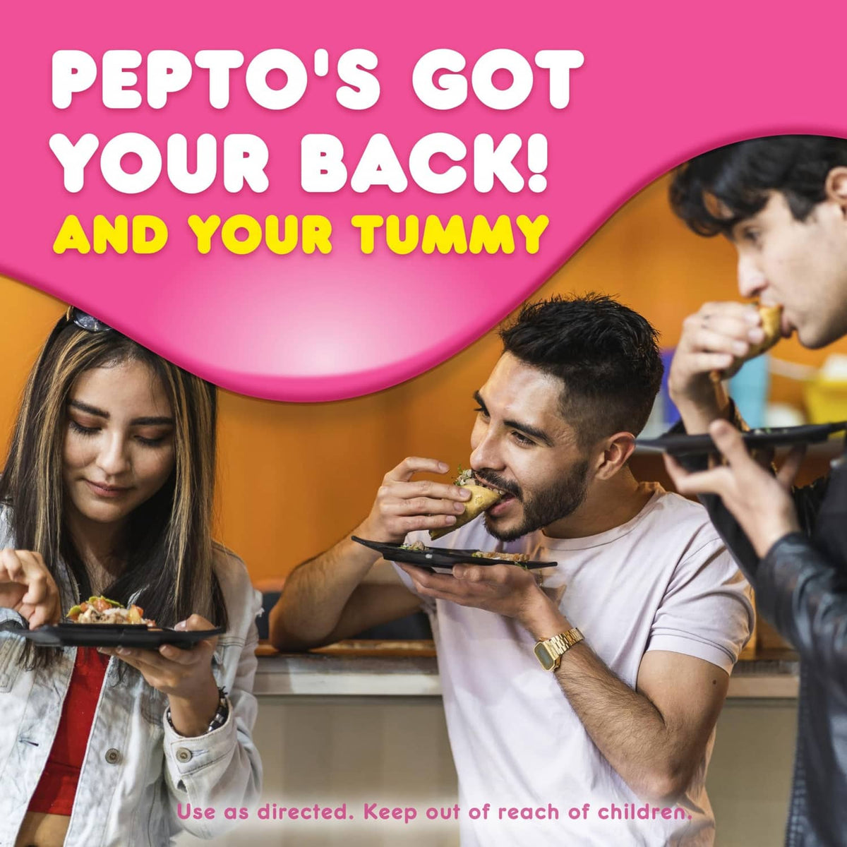 Pepto Bismol liquid label reading 'Pepto's got your back' with people eating