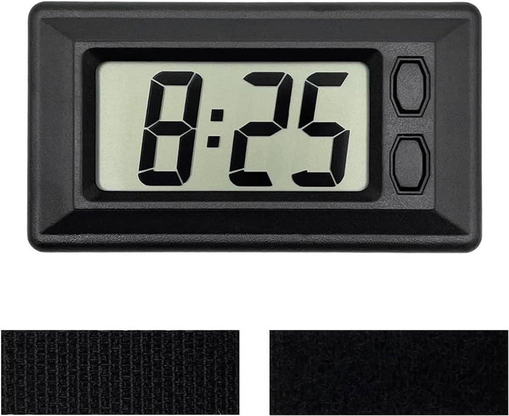 Mini portable digital car dashboard clock, black case displaying 8:25 on LCD