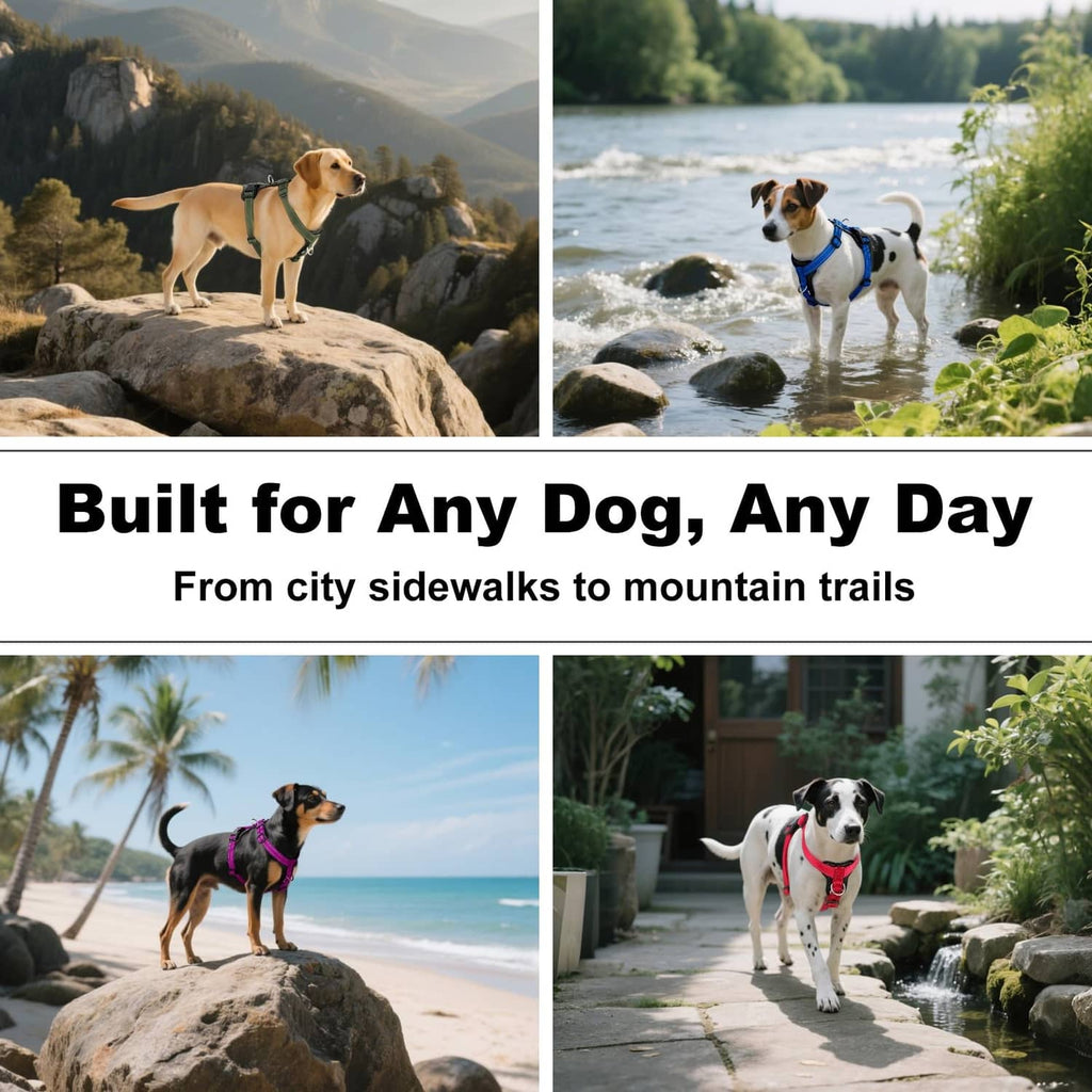 Brown no-pull dog harness worn by dogs outdoors, adjustable straps visible