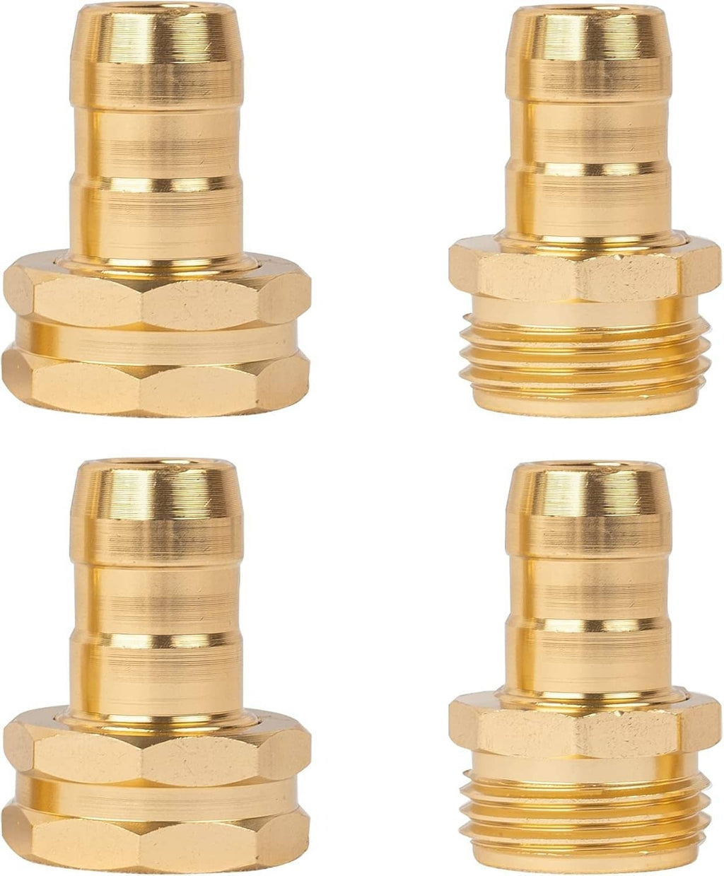 Brass/gold hose connector coupling with hex fittings and male/female threaded ends