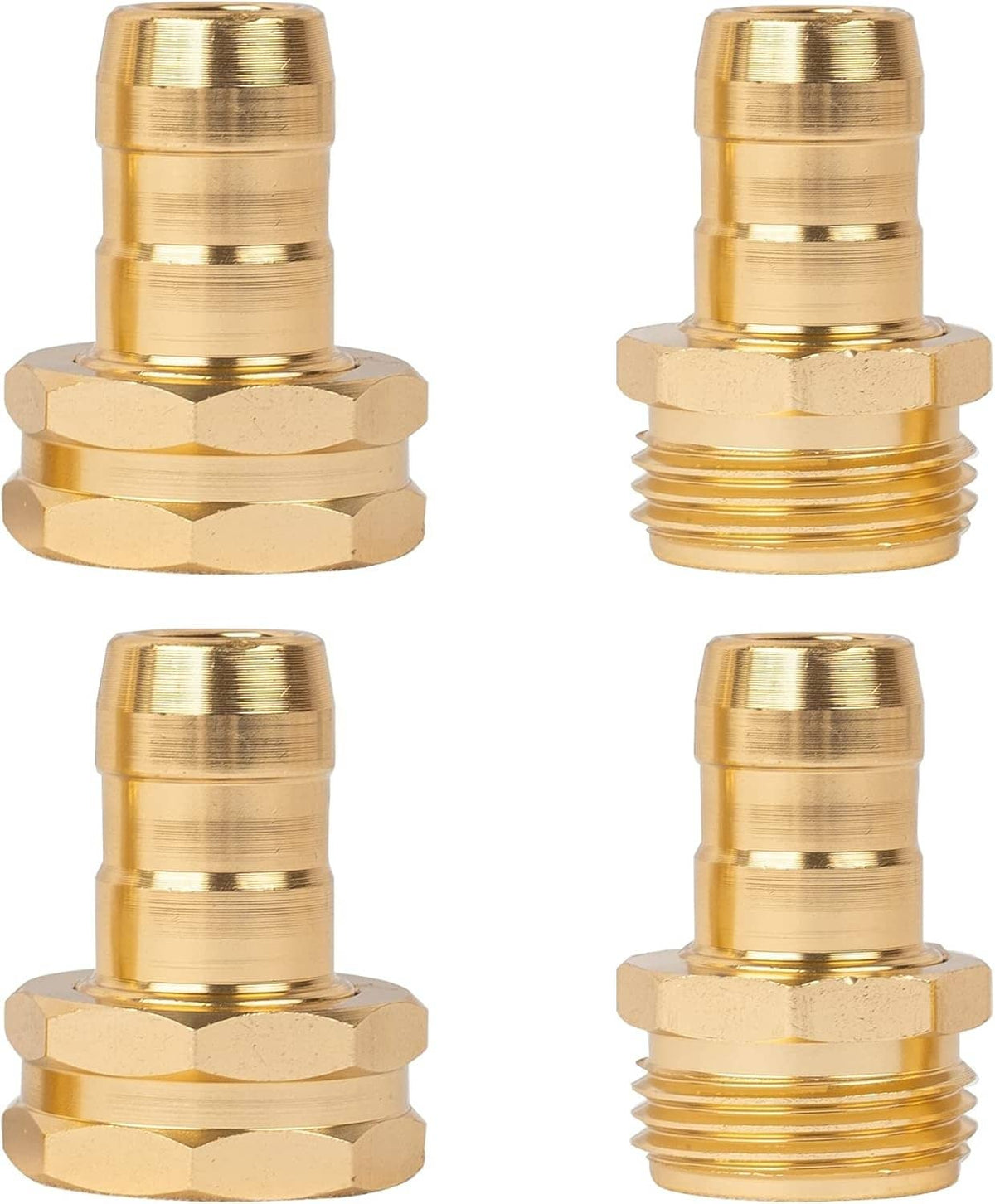Brass/gold hose connector coupling with hex fittings and male/female threaded ends