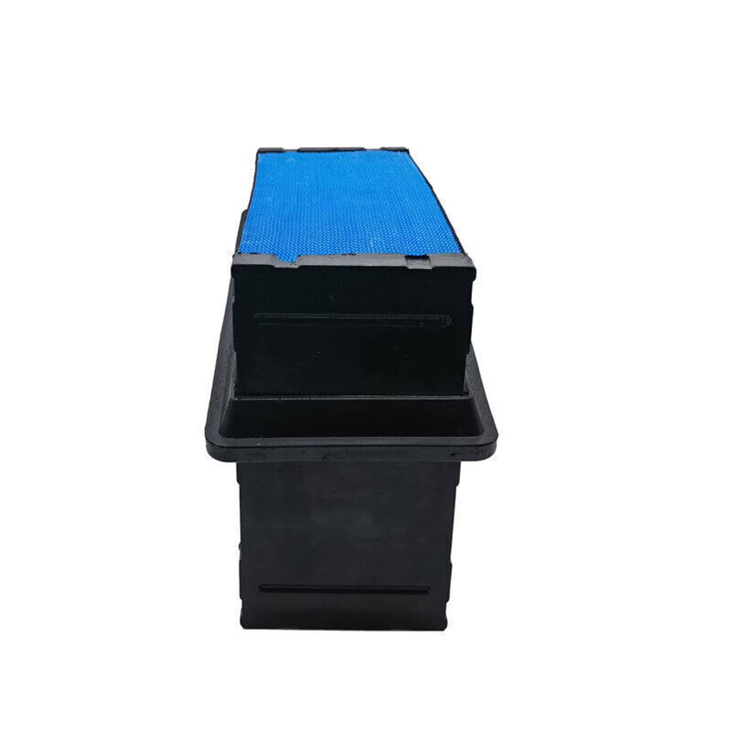 Engine air filter with blue media insert and black housing, front view