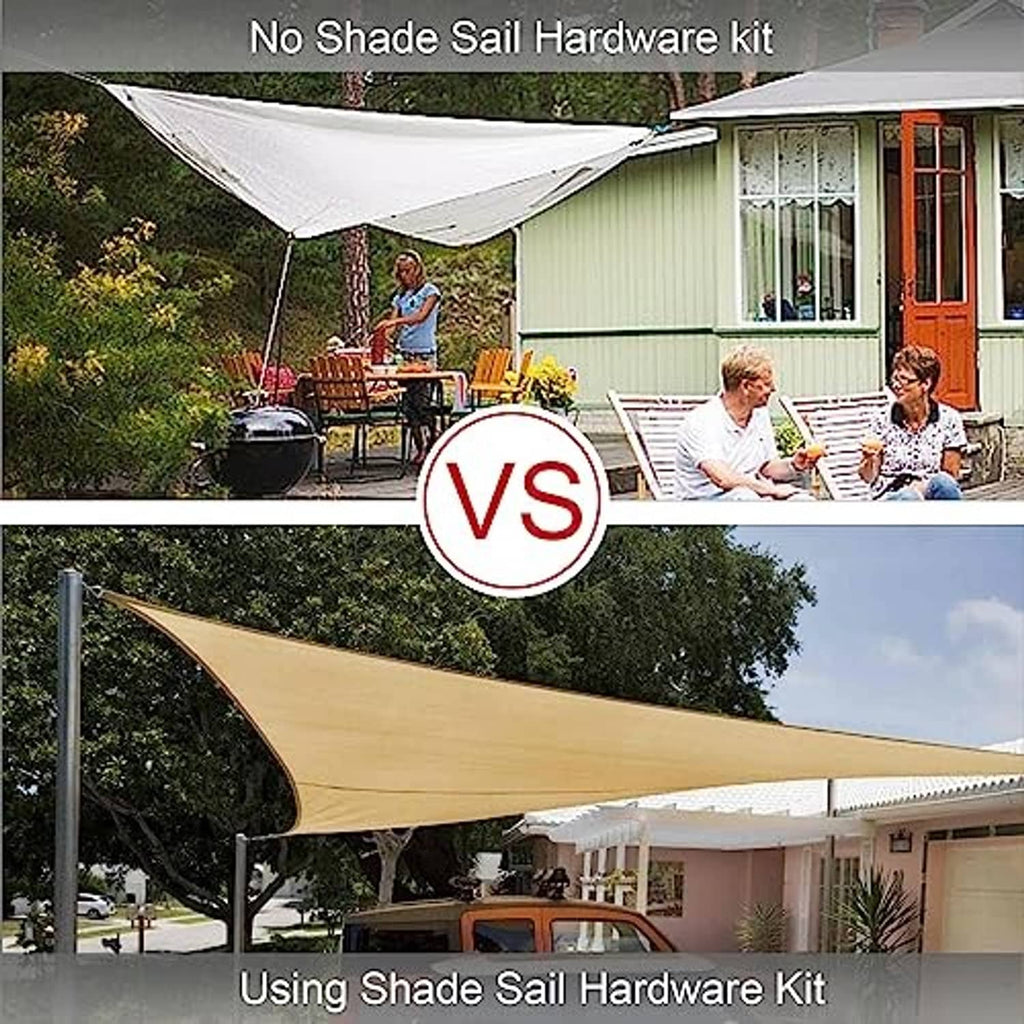Outdoor triangle shade sail attached with metal hardware kit on yard poles