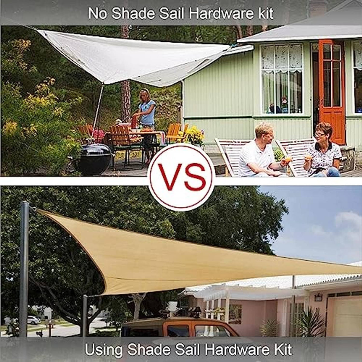 Outdoor triangle shade sail attached with metal hardware kit on yard poles