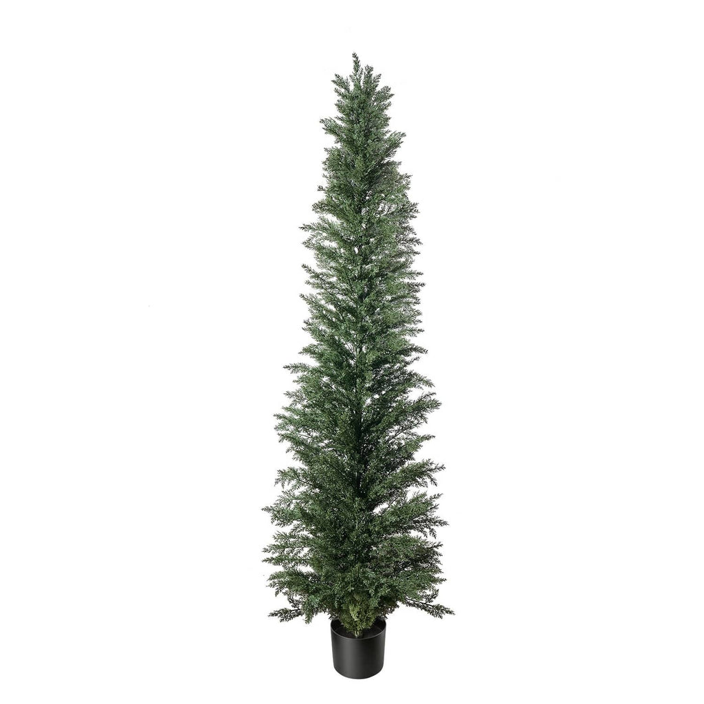 Artificial cedar topiary tree with dense green branches in black pot