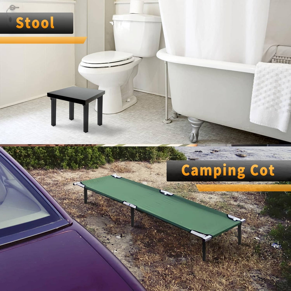 Black folding table legs mounted under a small stool or table, four-leg base