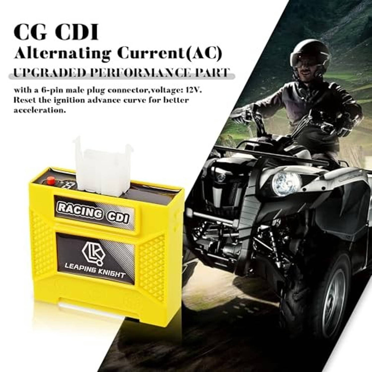 Yellow Racing CDI unit with white connector plugs and red button, shown with packaging