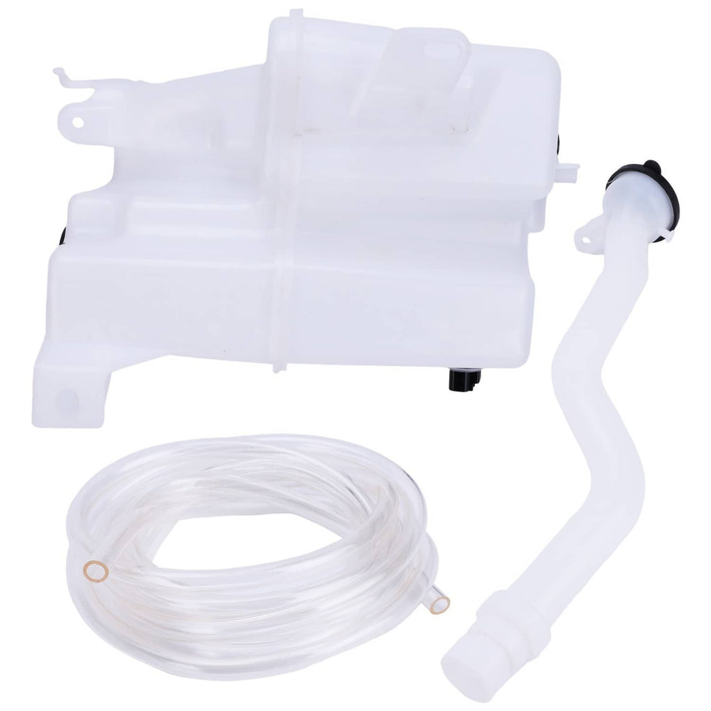 Washer reservoir tank with white hose, clear tubing, and black cap details
