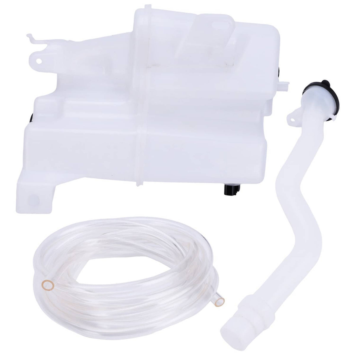 Washer reservoir tank with white hose, clear tubing, and black cap details