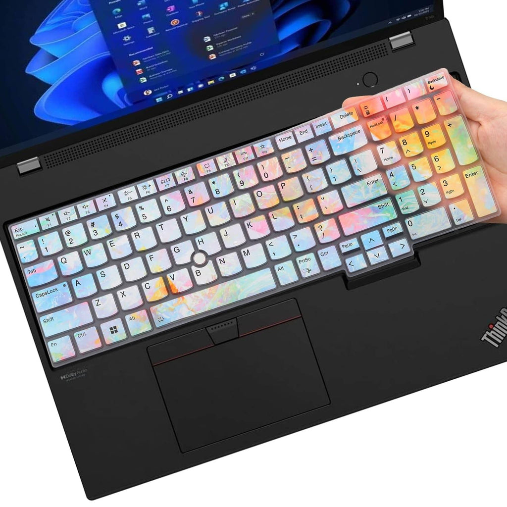 Iridescent keyboard cover with cutouts for keys on a Lenovo ThinkPad laptop
