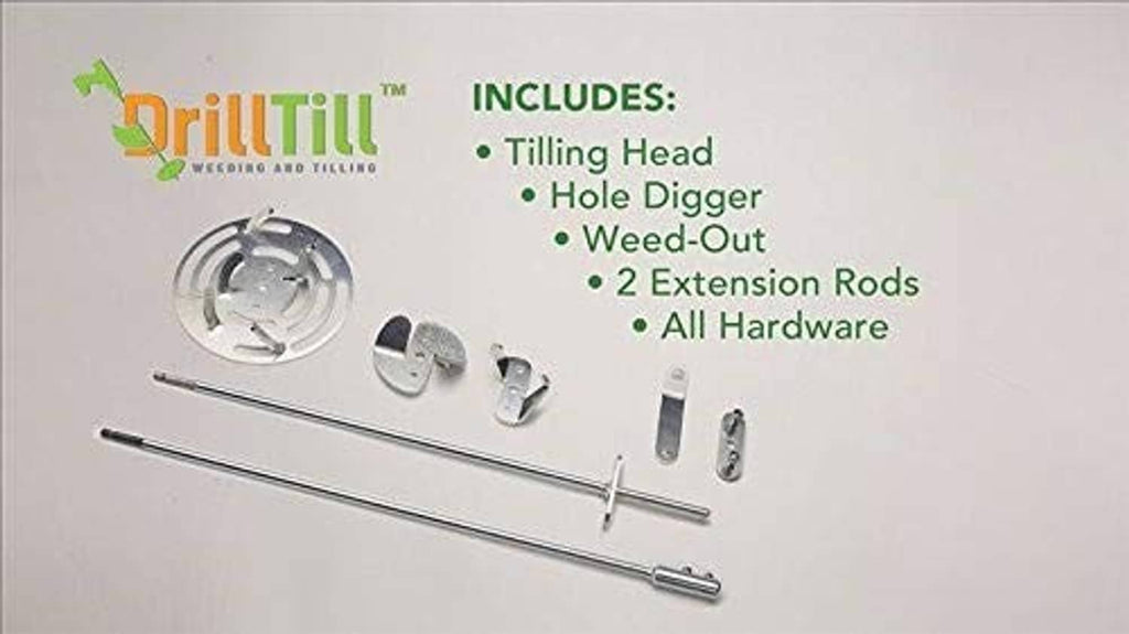 3-in-1 drill till kit parts: tilling head, hole digger, weed-out rods, hardware