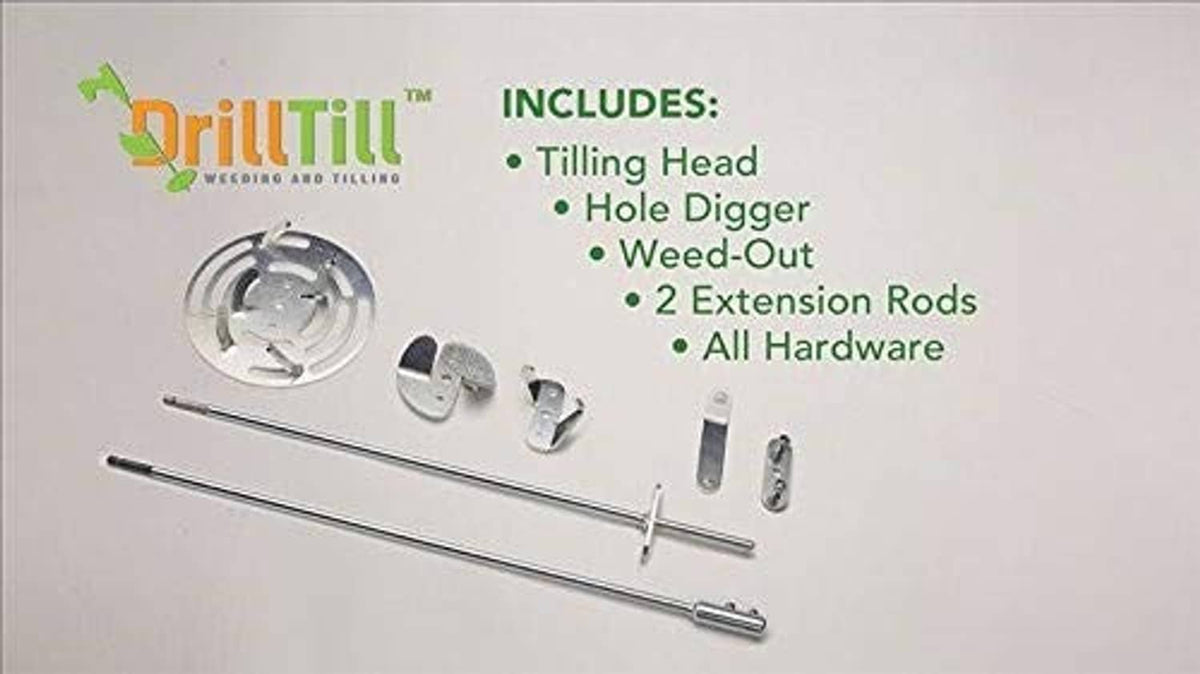 3-in-1 drill till kit parts: tilling head, hole digger, weed-out rods, hardware