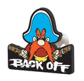 1.25-inch hitch cover with cartoon character and “BACK OFF” text, black border