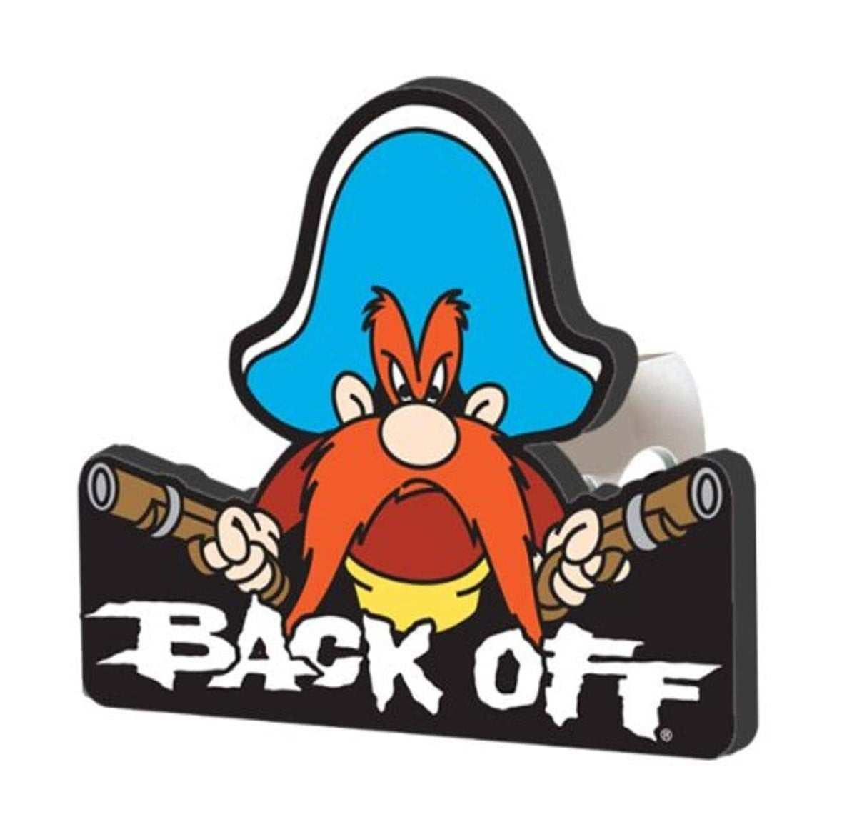 1.25-inch hitch cover with cartoon character and “BACK OFF” text, black border