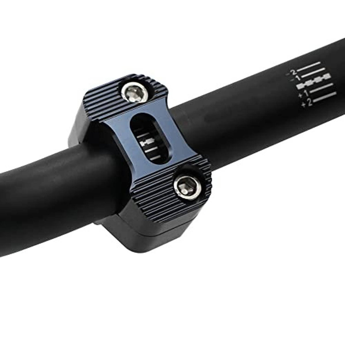 Black handlebar clamp riser secured on handlebar with a slotted bolt and screw