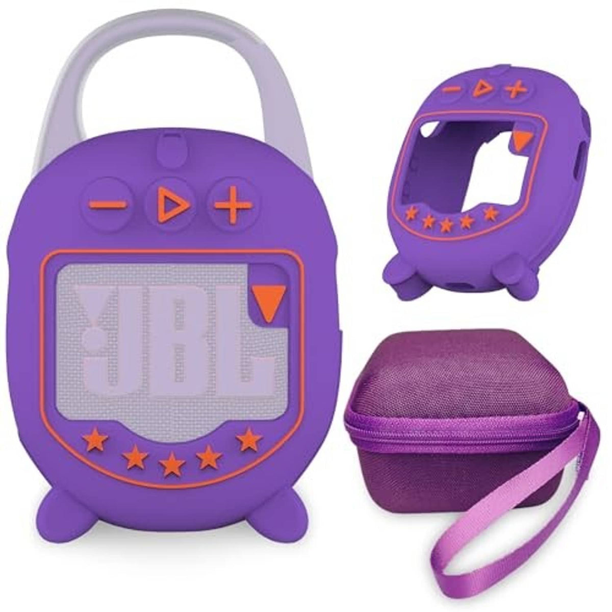 Purple hard case and silicone speaker cover with handle, plus zip carry pouch