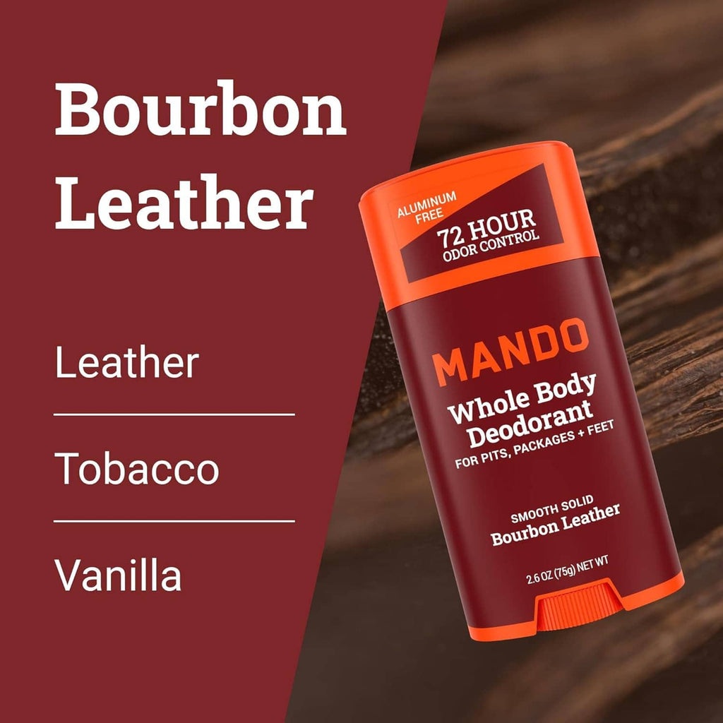 Mando whole body deodorant stick labeled bourbon leather, smooth solid