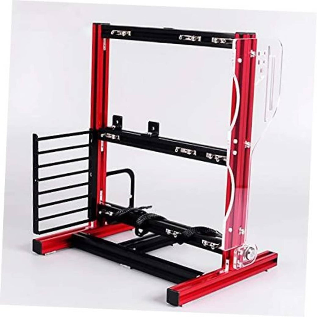 Red and black DIY computer motherboard rack chassis with open frame and PCI slots