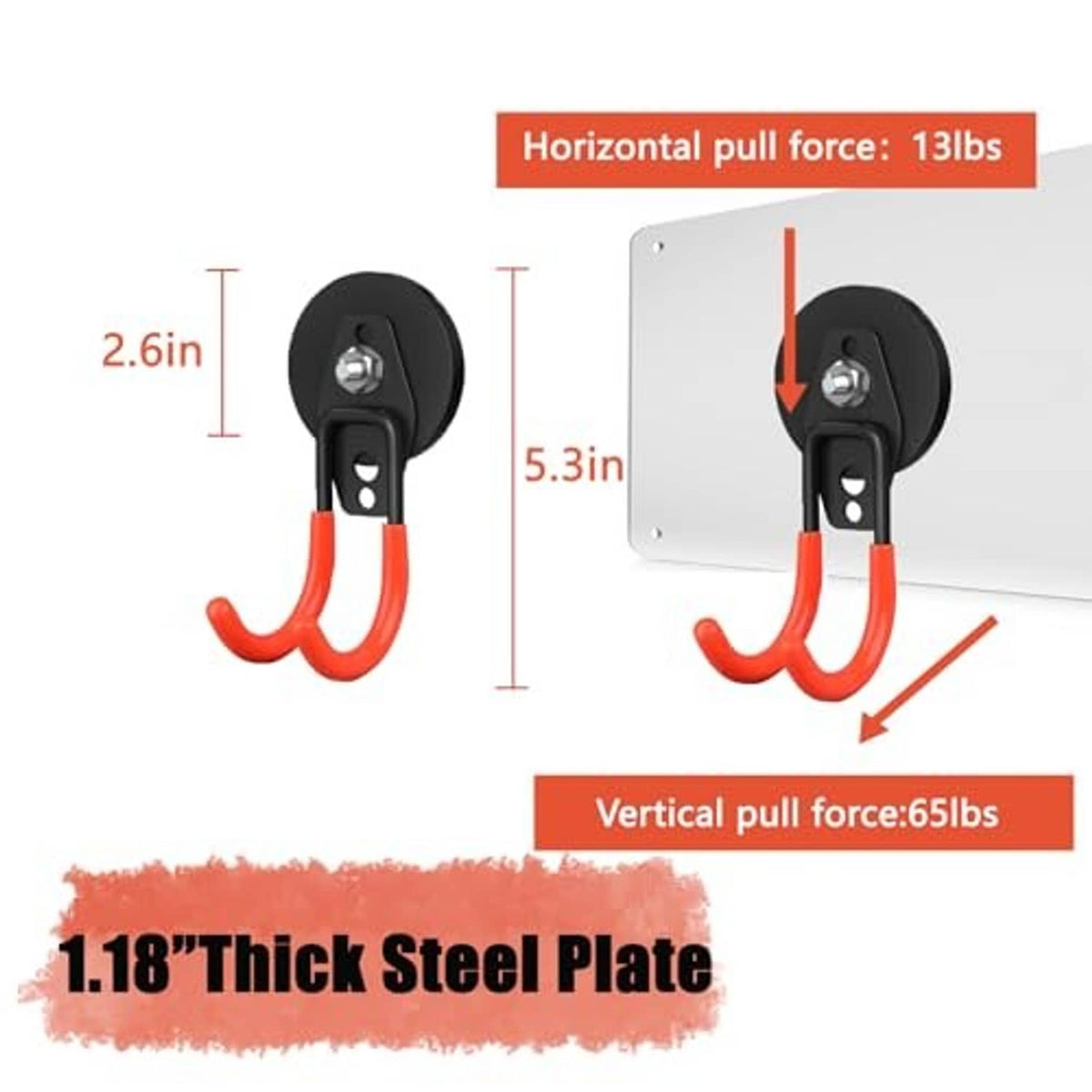 Magnetic hook with black circular magnet backplate and red-orange double prongs