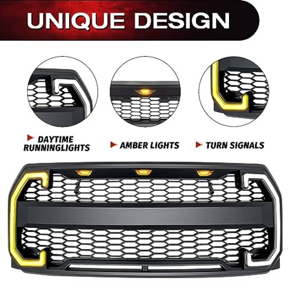 Front grille with black mesh pattern, amber LED lights, DRL and turn-signal light accents
