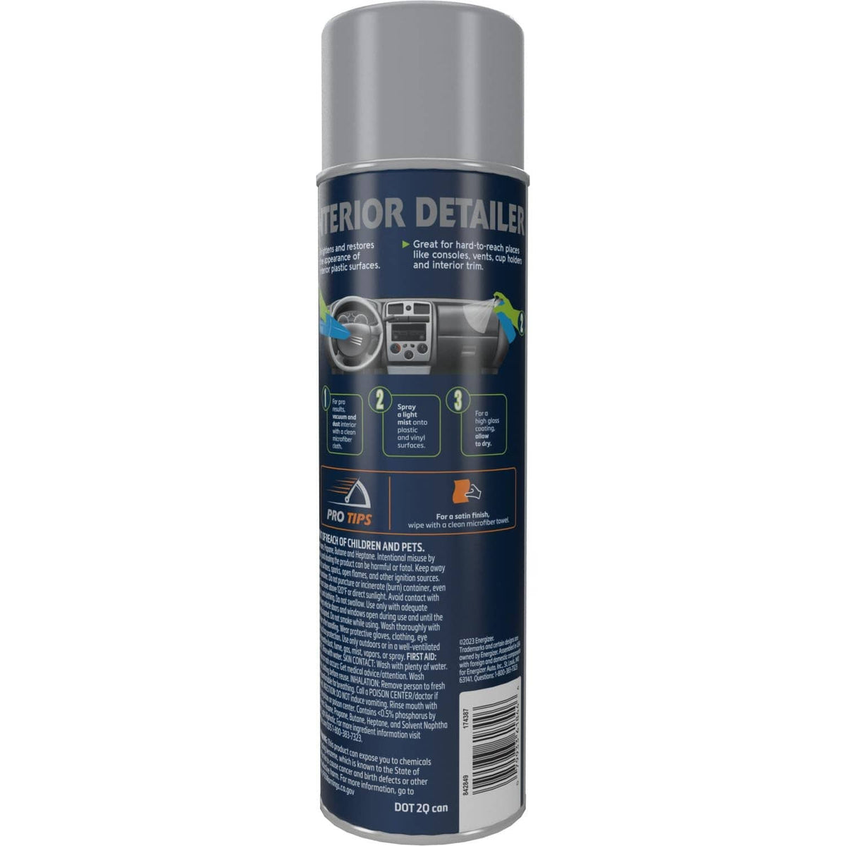 Interior detailer spray bottle with blue label and barcode on the back