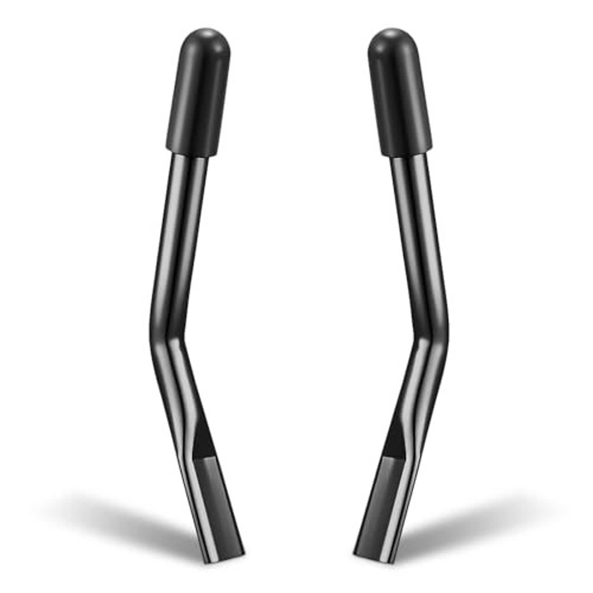 Two black wheelchair brake handle extenders, curved metal bars with rubber end caps