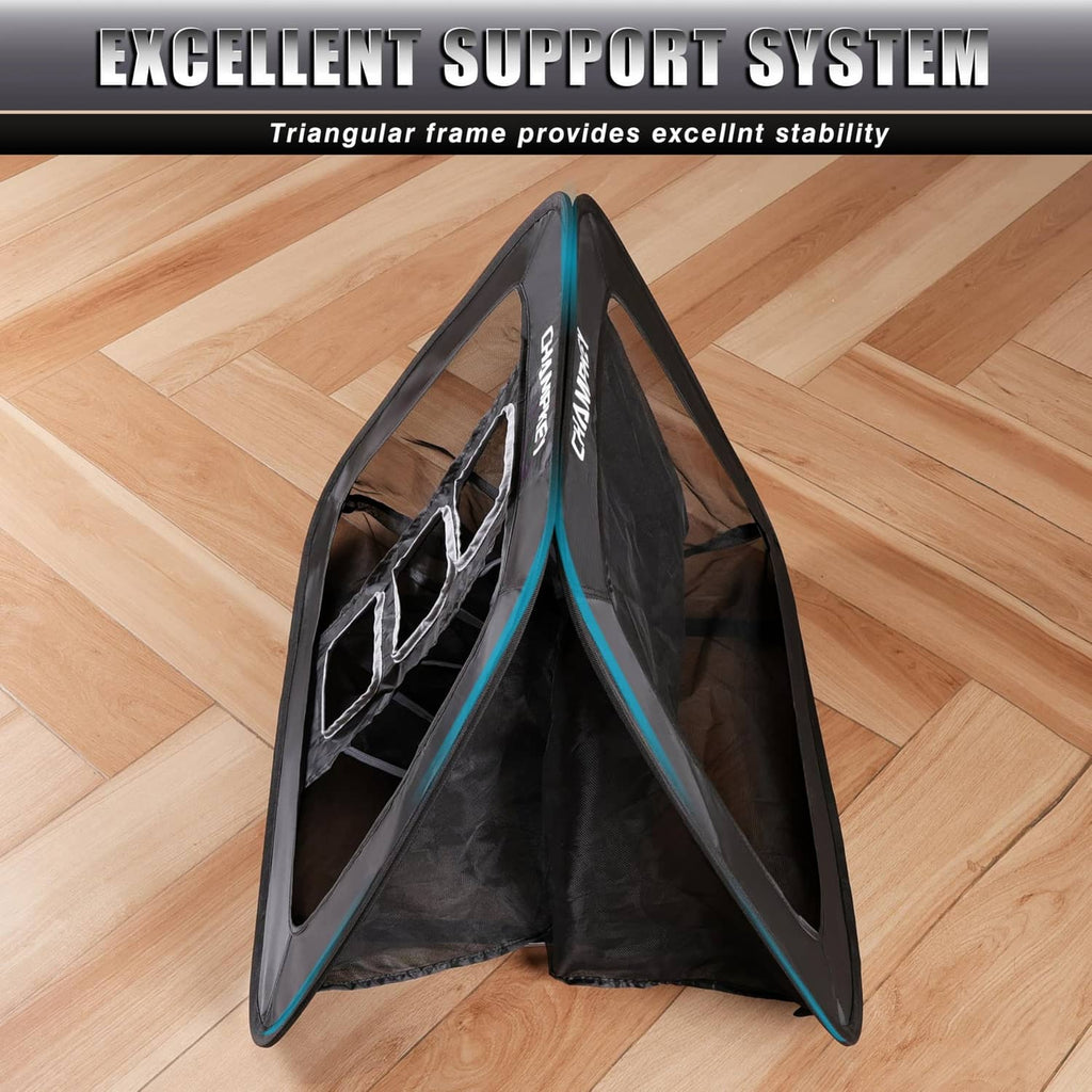 Triangular black golf chipping net with teal-trim frame and front mesh panels