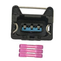 4-pin wiring harness pigtail connector with blue terminals, black housing, metal wire pins