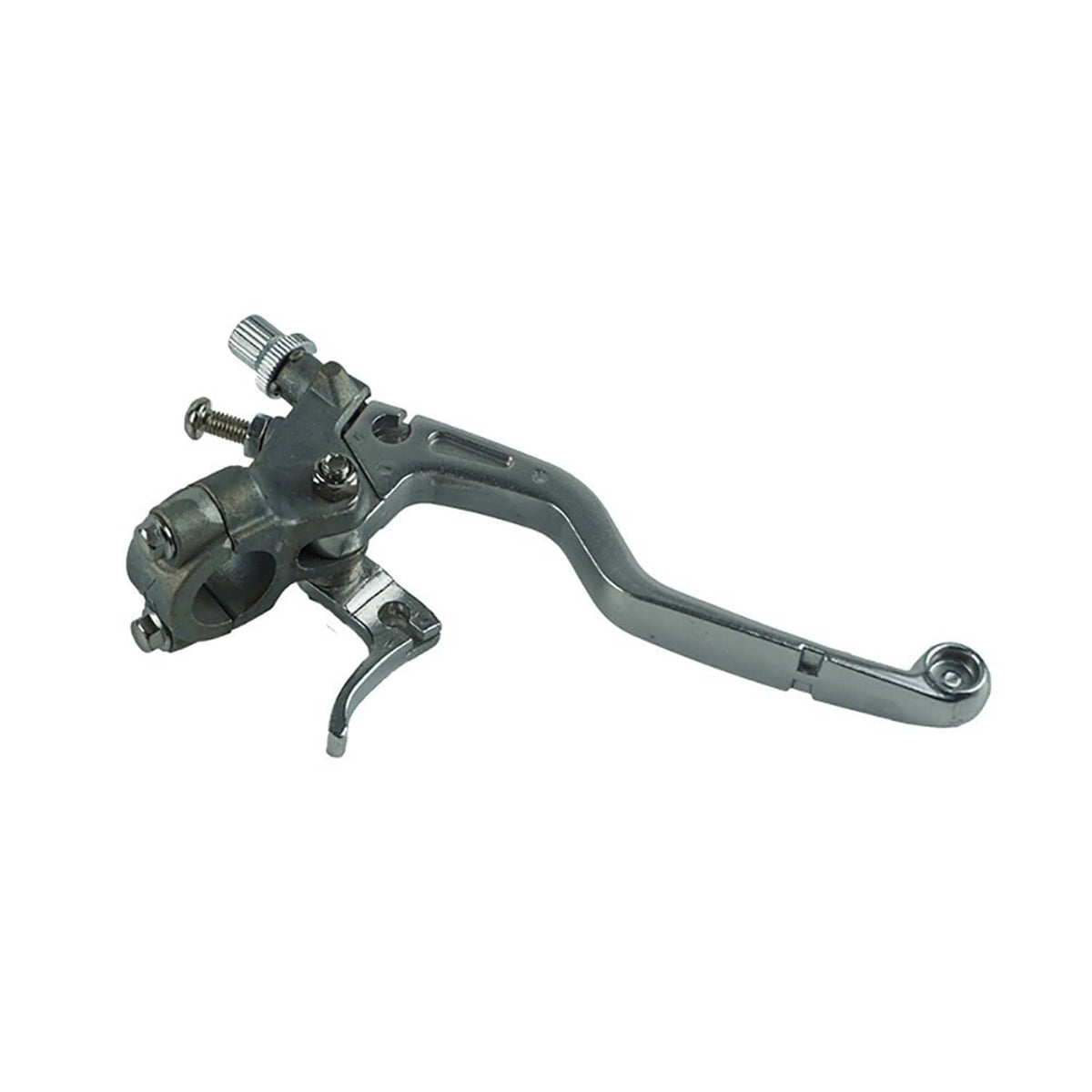 Left clutch perch lever, side view, with metal bracket and threaded adjuster
