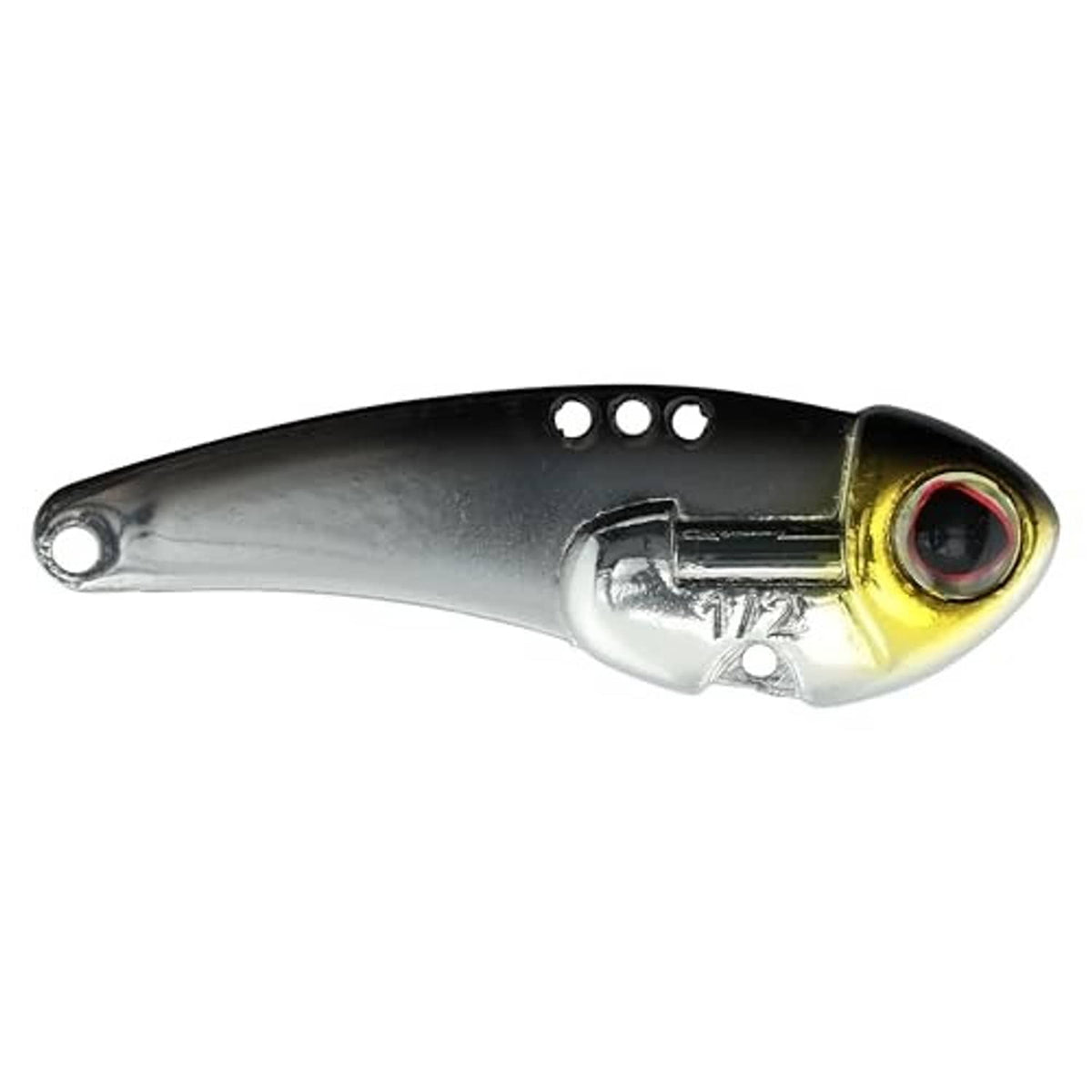 Black and silver fishing blade lure with red eye, single diving body, two treble hooks
