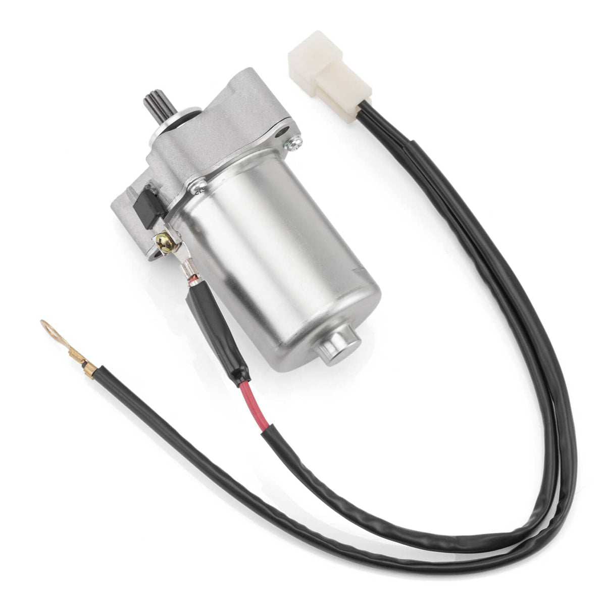 Starter motor assembly with silver cylinder motor, black cables, and wire terminals