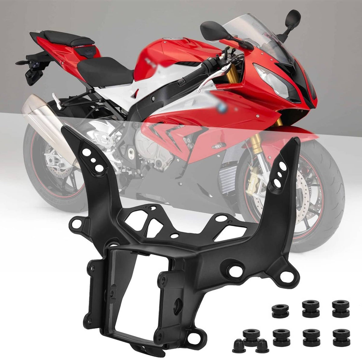 Black upper fairing stay bracket with included mounting hardware and cutout plates