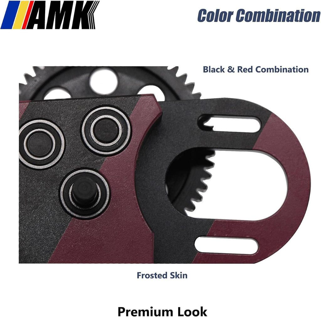 Black and red differential gearbox close-up with circular side details