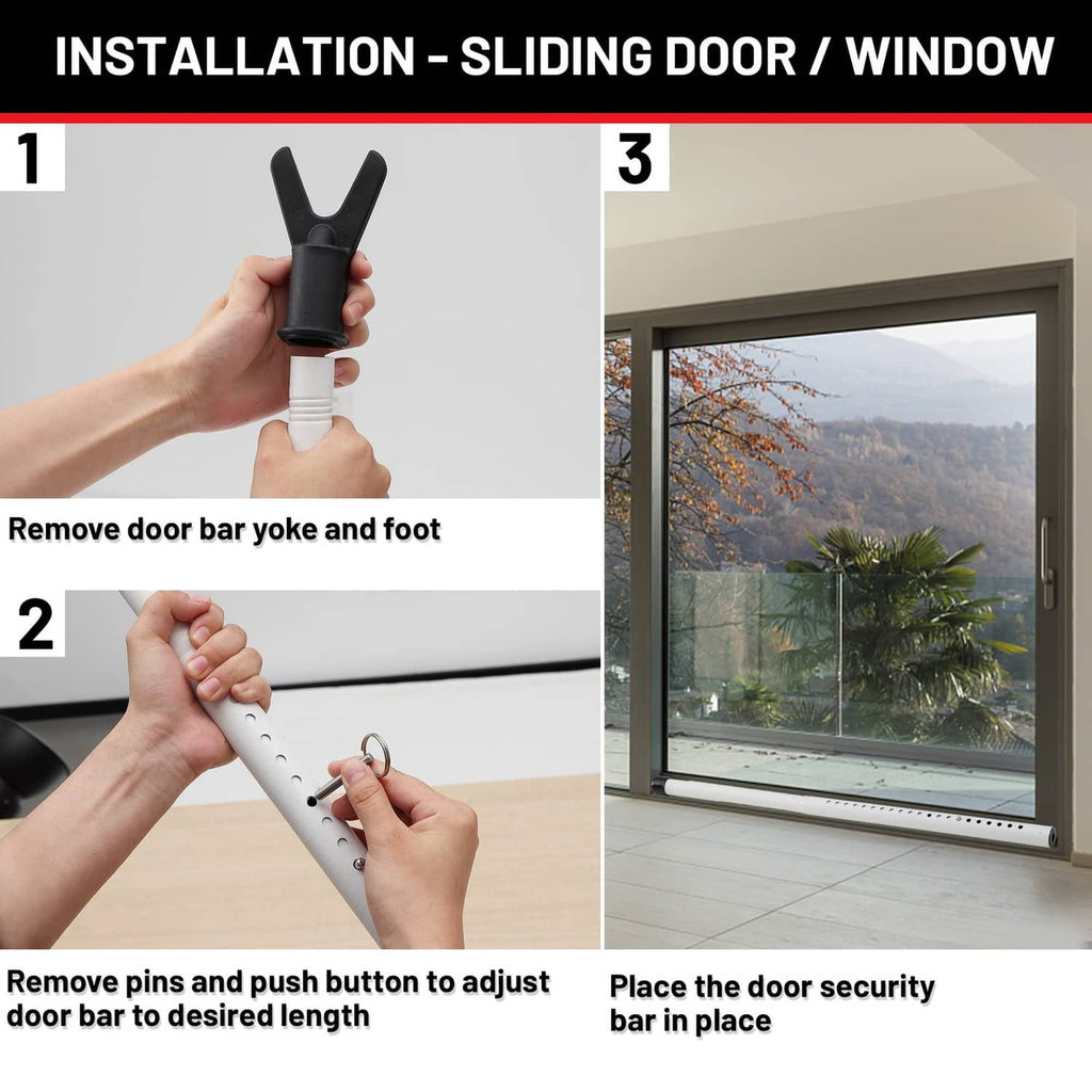Adjustable door security bar for sliding doors and windows, removable yoke and pins