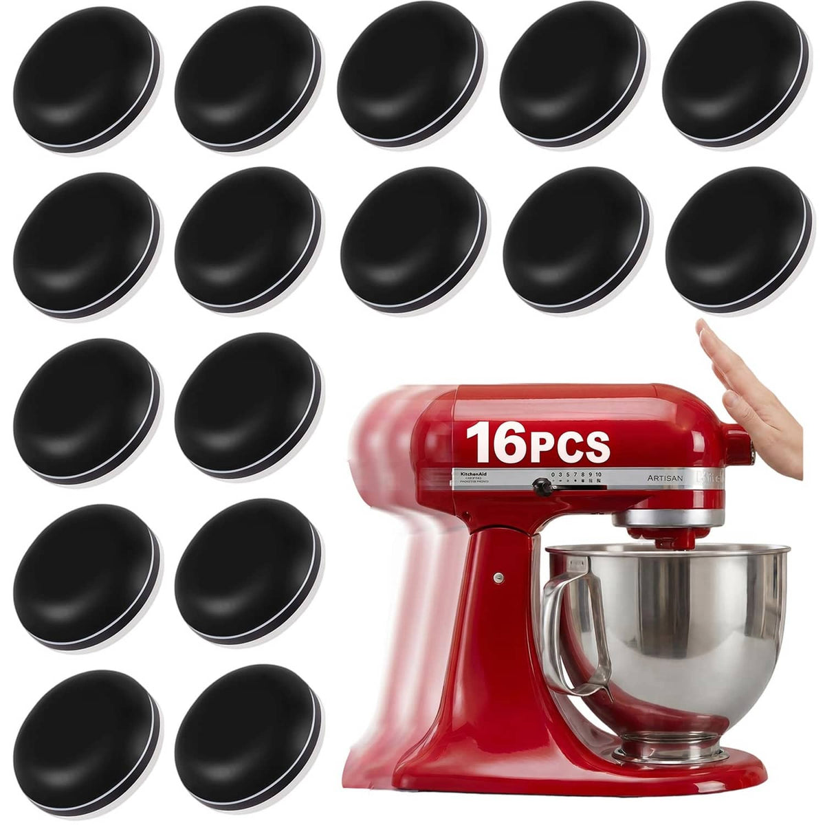 Set of black round appliance slider pads, 16-pack for easy moving and scratch protection